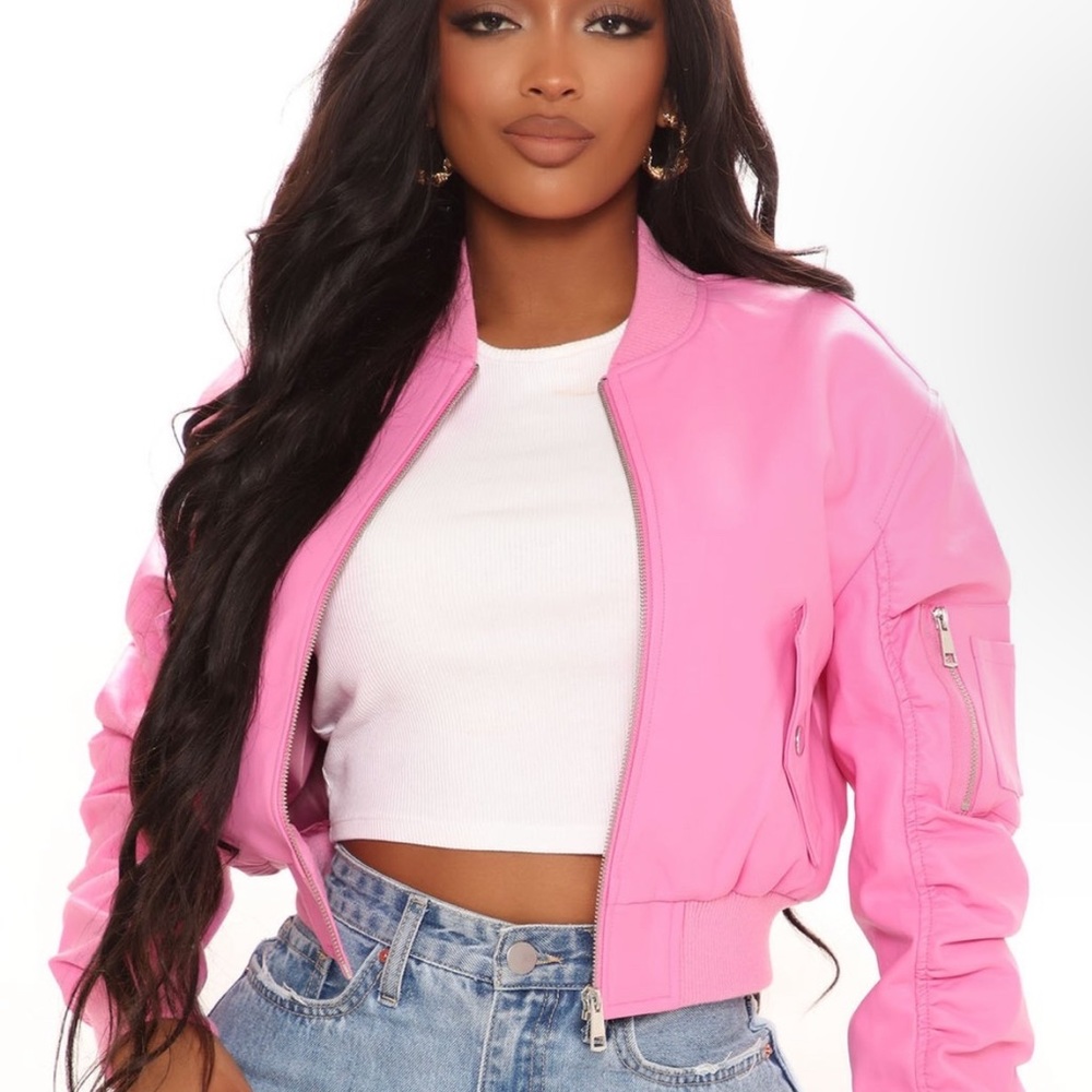 Pink Faux Leather Bomber Jacket